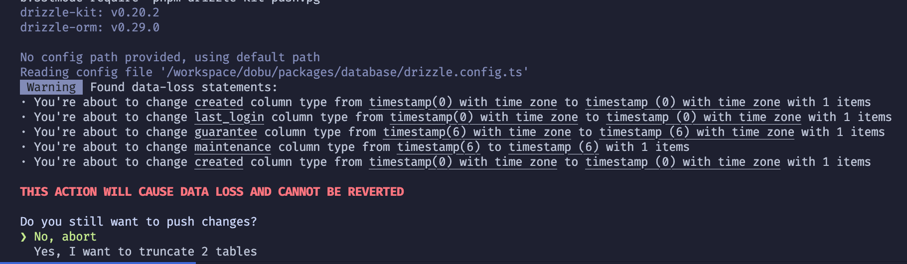 Timestamp error when pushing Postgress change with drizzlekit Drizzle Team